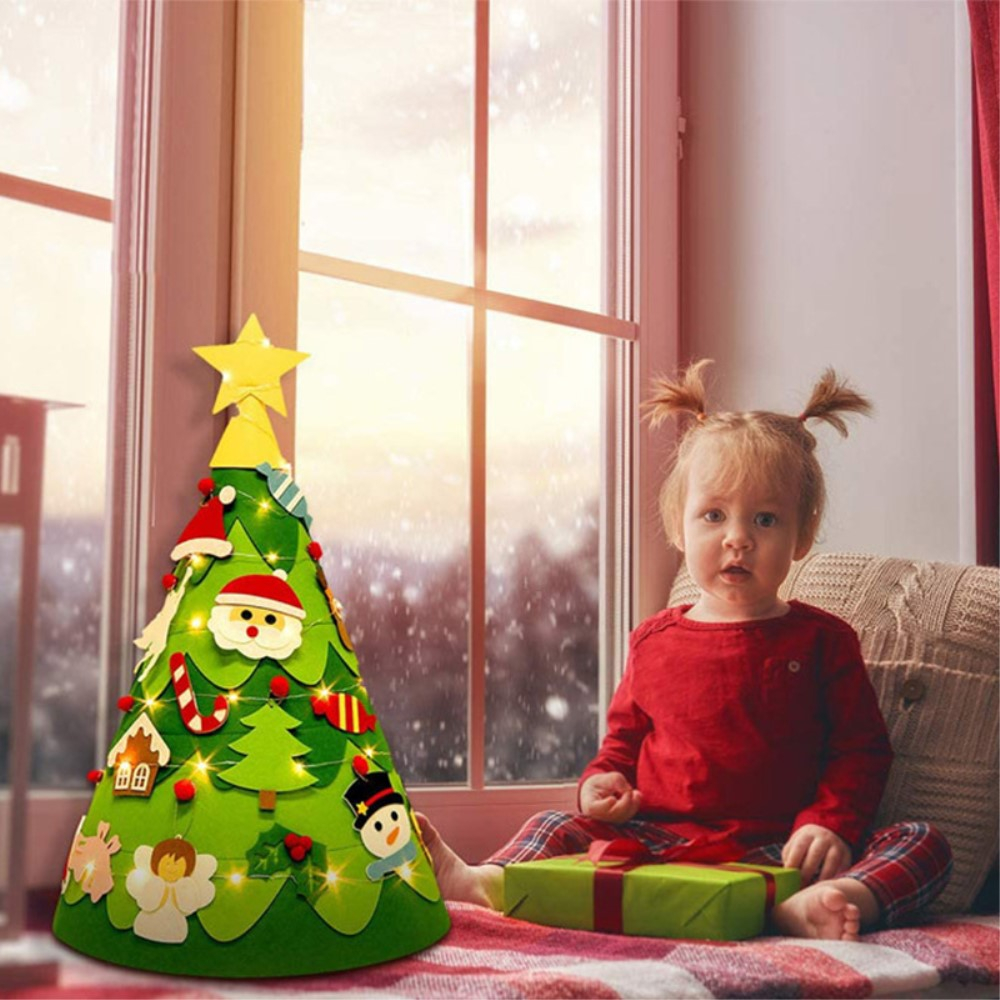 (30-tlg. Set) 75x48cm Kinder Spielzeug Christmas Tannenbaum Deko Filz Weihnachtsbaum   Deko Figuren   LED Lichterkette