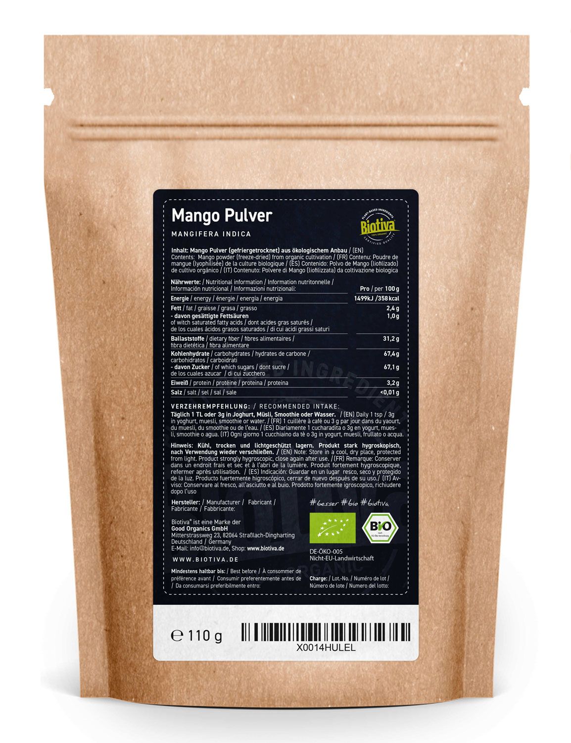 Biotiva Mango Pulver gefriergetrocknet Bio