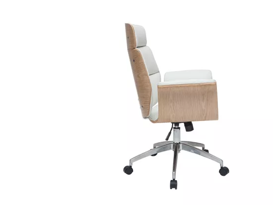 Fauteuil de bureau à roulettes design blanc, bois clair et acier chromé ELON