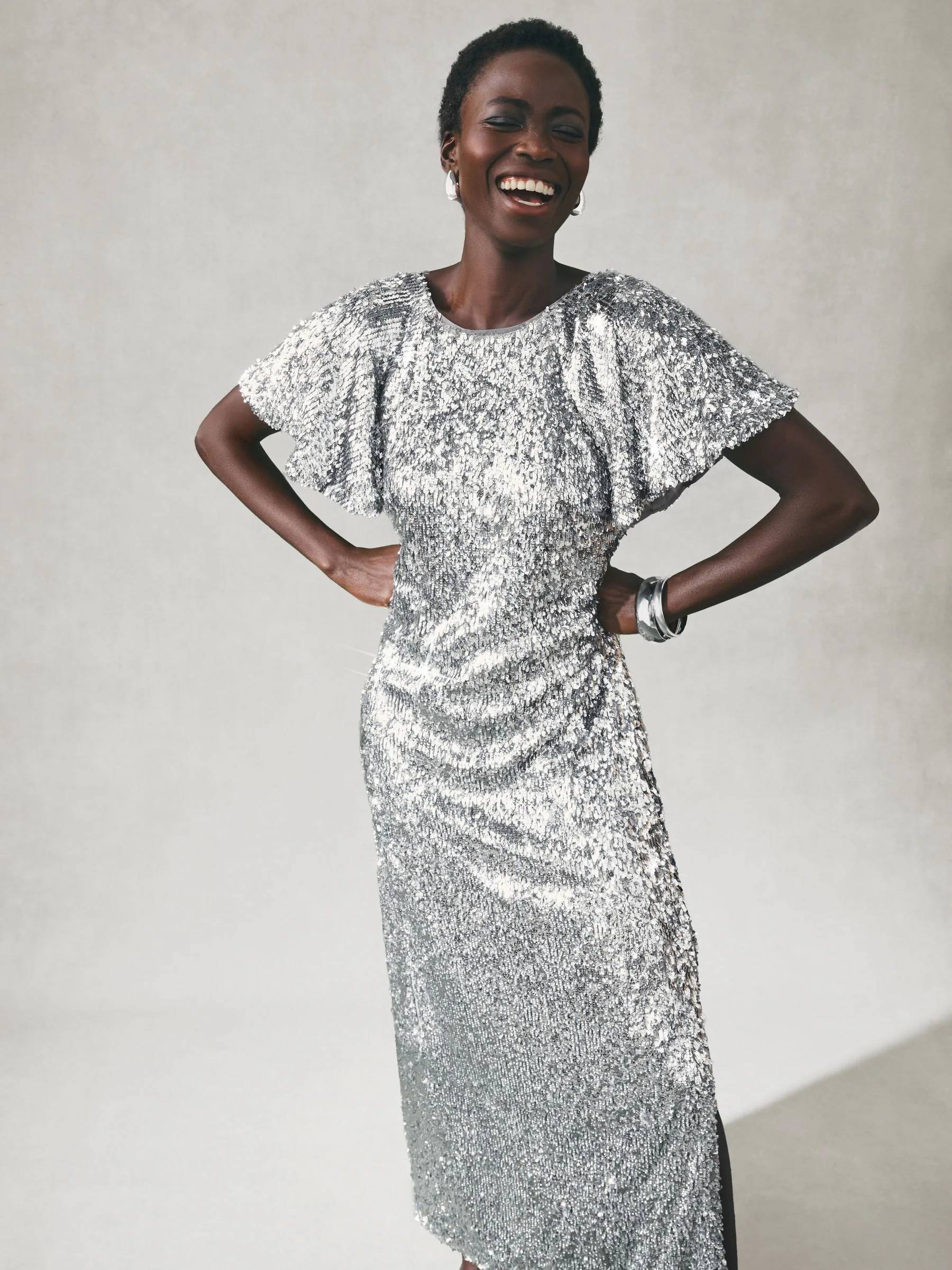 Nothing Ordinary Sequin Lace Trim Flutter Sleeve Midi Dress