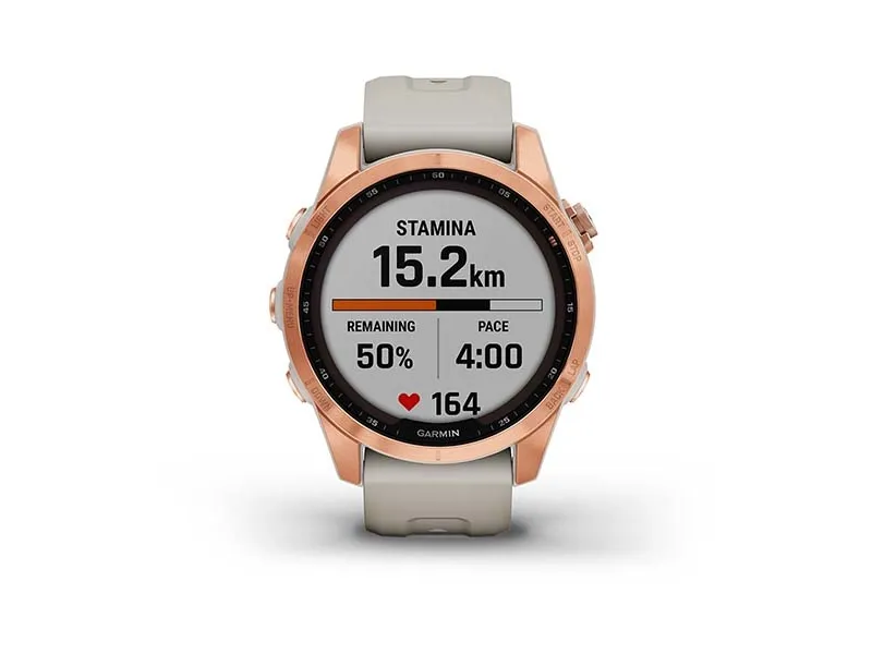 [OUTLET] - Garmin fenix 7S Solar - 42 mm - roseguld - sportsur med bånd - silikone - lyst sand - håndledsstørrelse: 108-182 mm - display 1.2