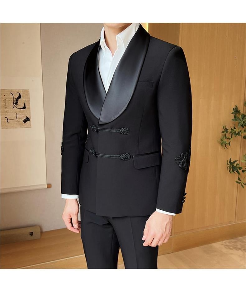 Sheck - Set: Sjaalkraag effen dubbelrijs blazer + middelhoge effen wijde broek