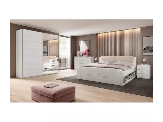 Chambre à coucher FLOYD : Armoire 220cm, Lit 140x200, commode, chevets. Coloris blanc effet bois.