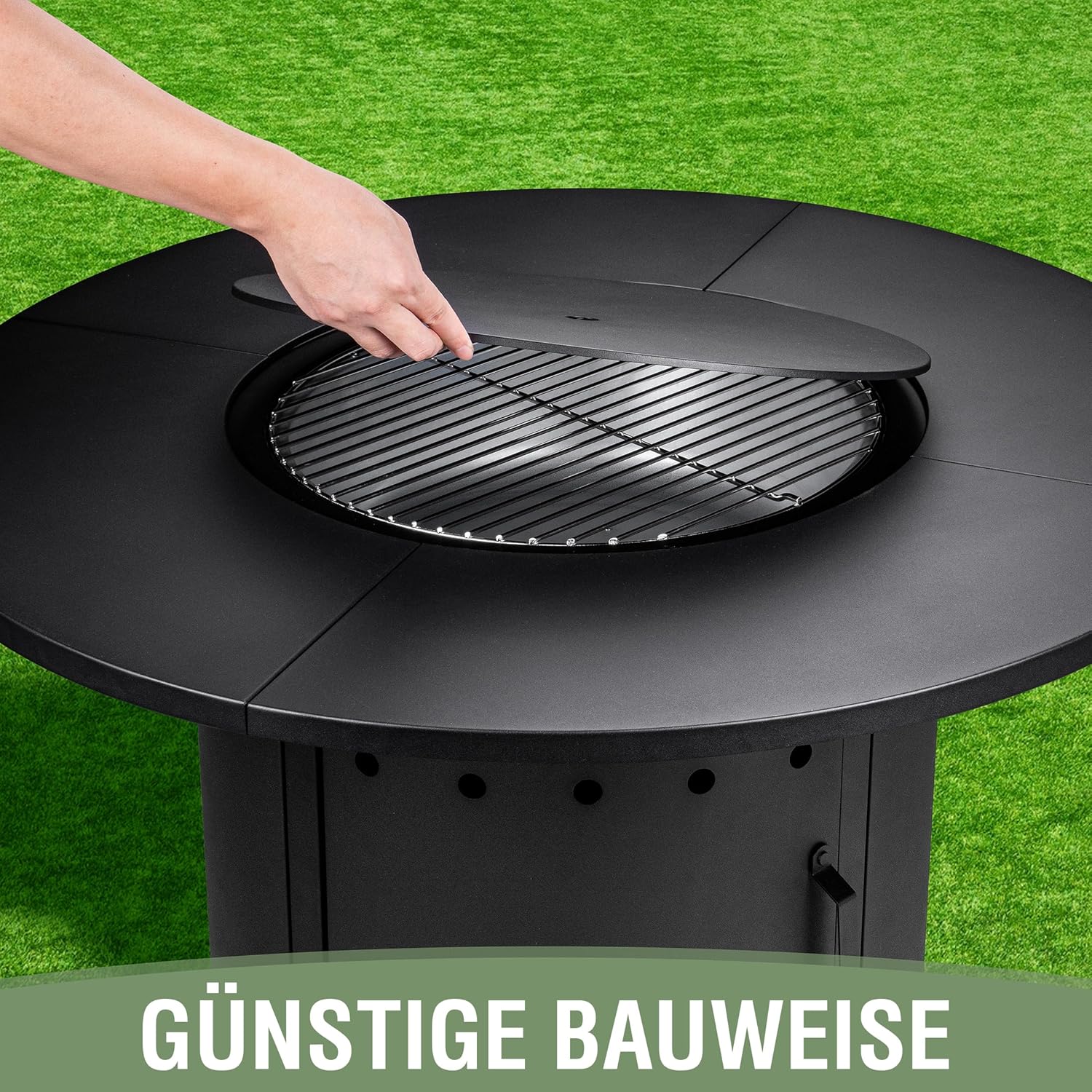 Ambiente Feuertisch Rund, Kohle, Grill, Ambiente inkl. Regenhaube, Grillrost, erweiterbar, Holzkohle, Feuerstelle, BBQ, Schwarz