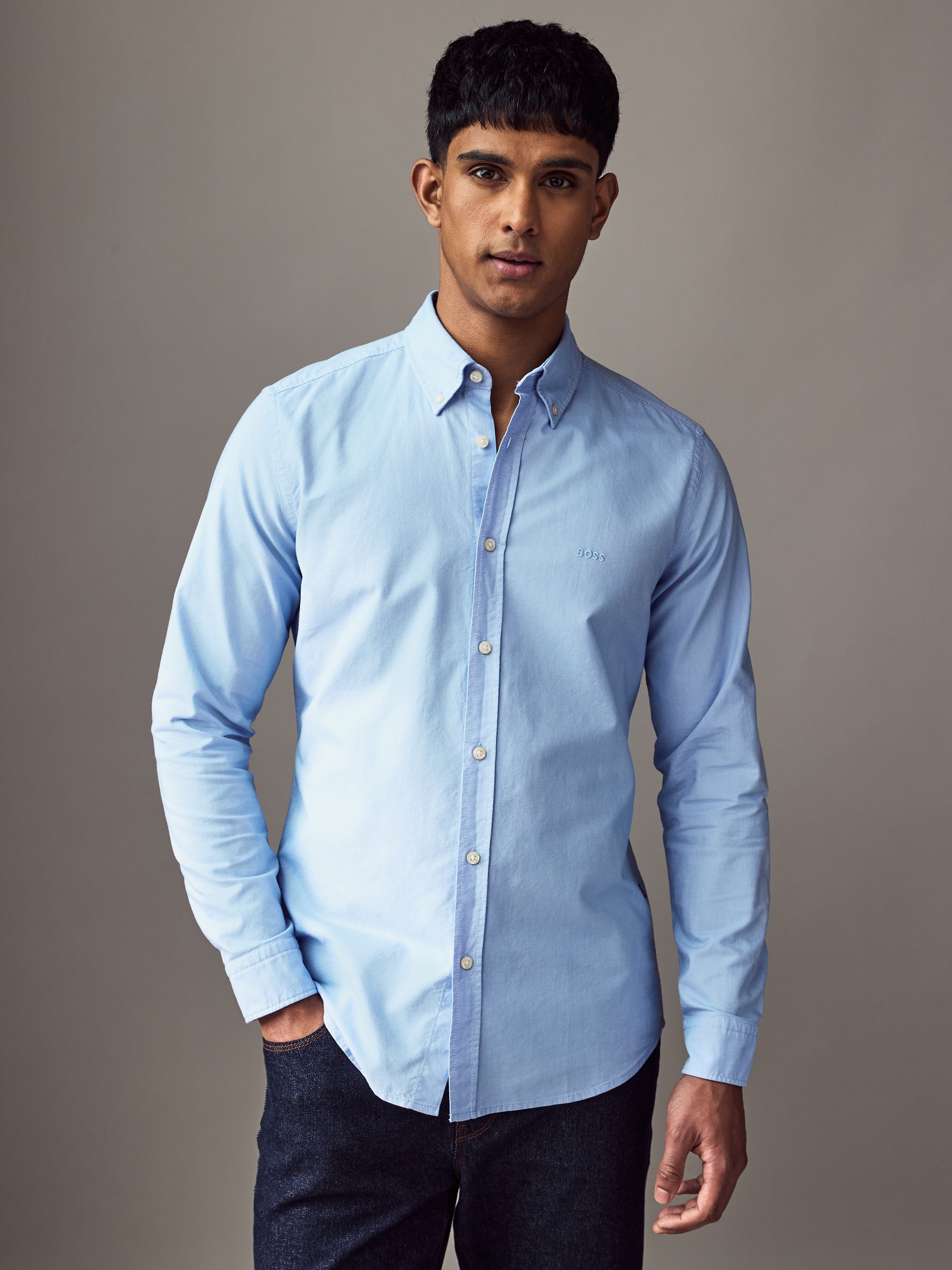 Gegrond blauw - BOSS Regular Fit Button Down Cotton Shirt