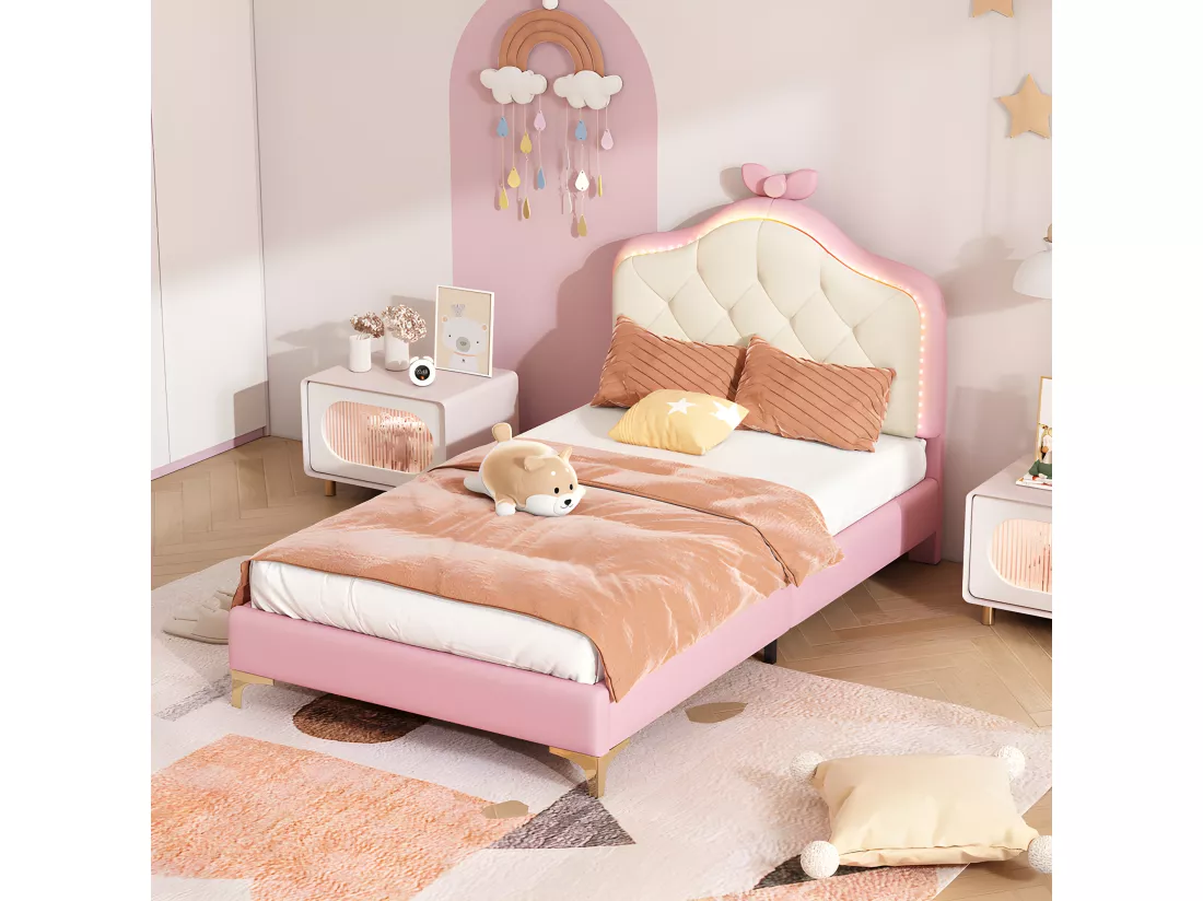 Lit enfant capitonné avec LED colorée et nœud sur la tête - en similicuir - 90x200cm - avec sommier à lattes - Rose