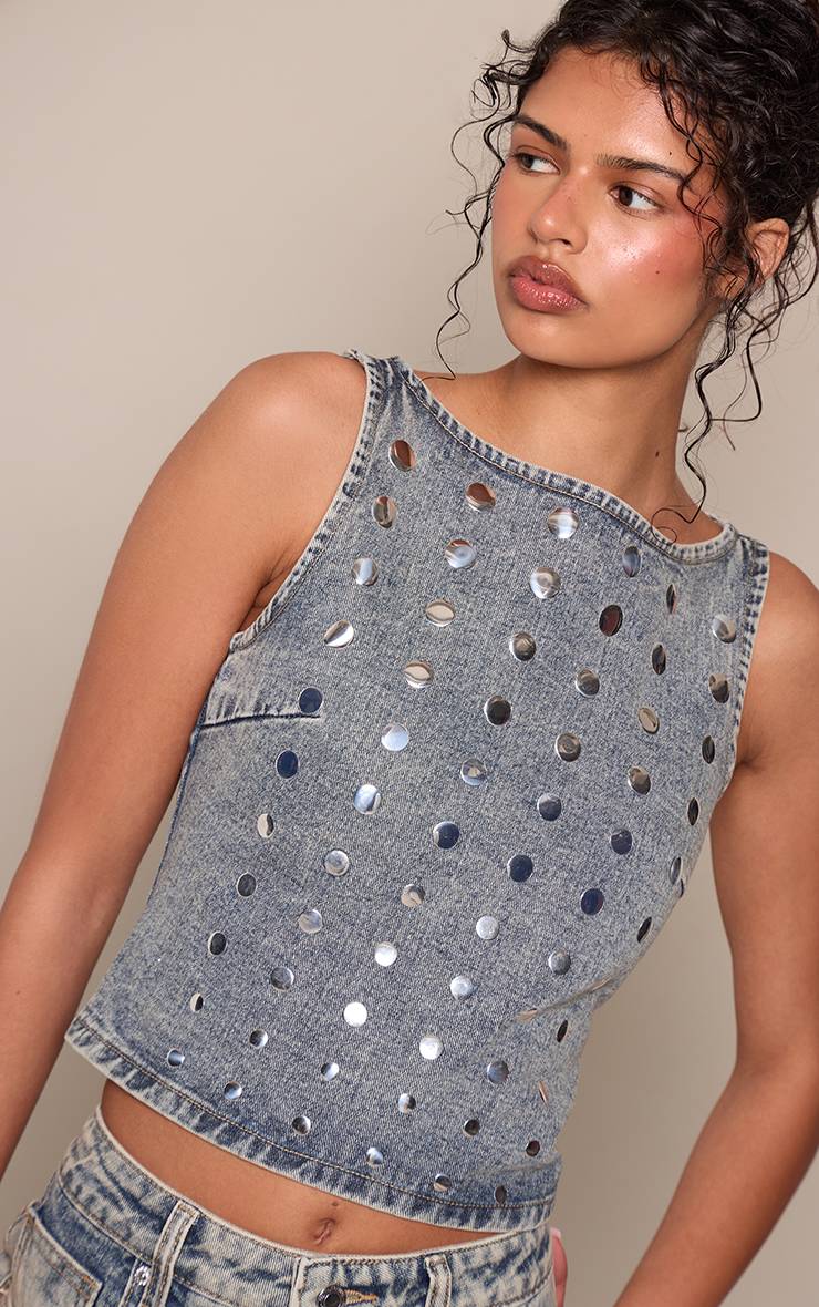 Vintage Haut En Denim Sans Manches À Clous