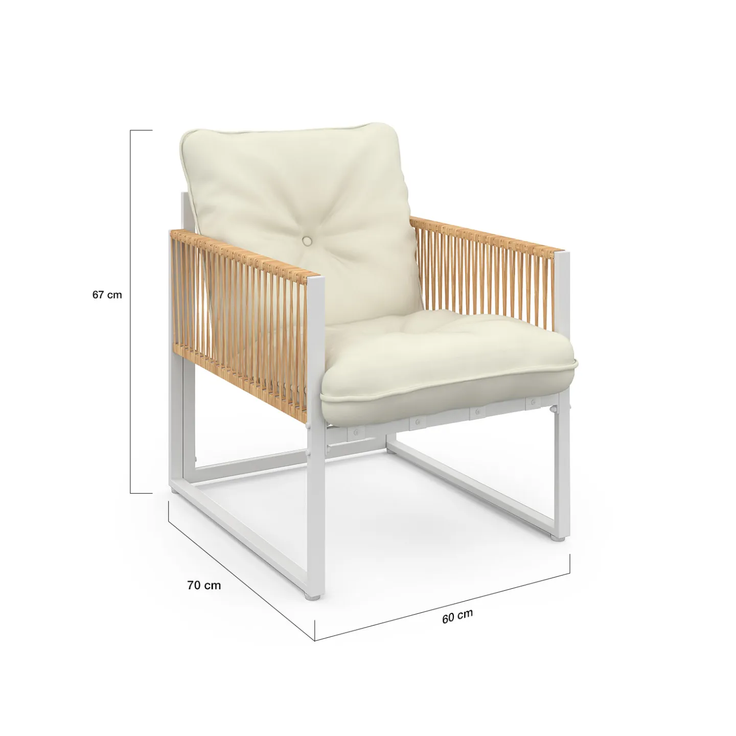Salon de jardin bas RIO 4 places structure métal blanc, cordage effet rotin clair et coussins beige