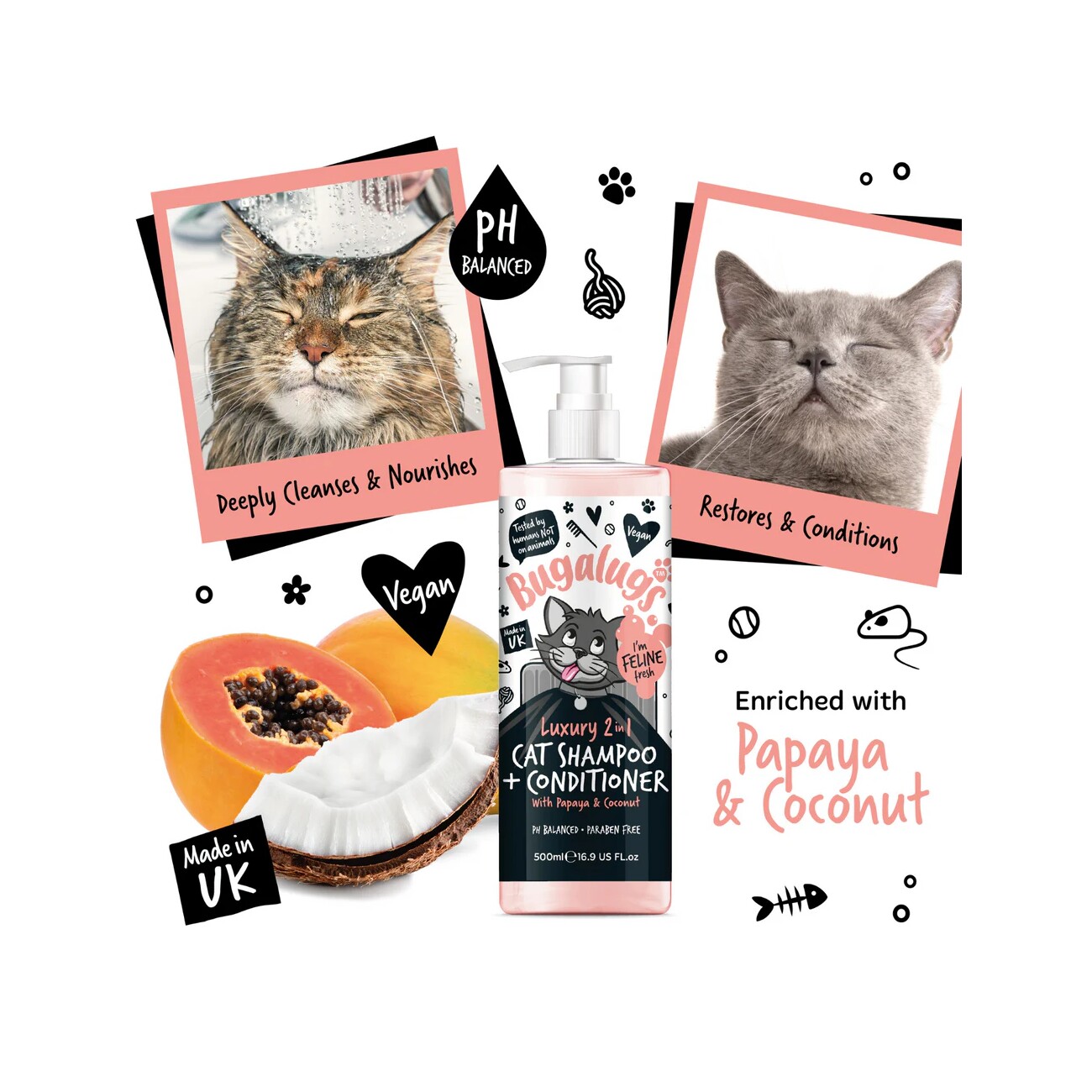 Bugalugs Katzenshampoo Kokos & Papaya – Tropisch duftendes 2-in-1 Shampoo & Conditioner für Katzen