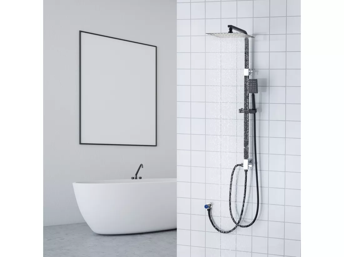 Colonne de Douche Noir Sans Mitigeur Système Douche avec Douchette à Main/Tête de Douche Carré 10 Pouces/Hauteur Réglable 690-1130 mm Salle de Bain