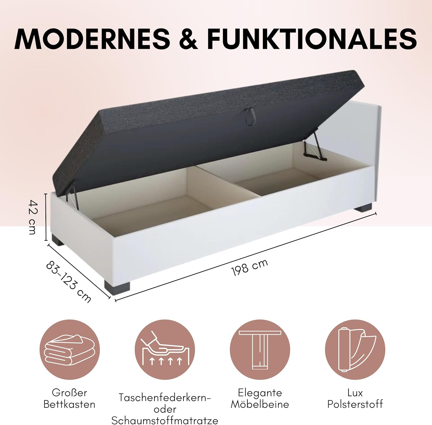 Boxspringbett Lola 120x200x38 cm mit Schaumstoff Matratze, Bett mit Matratze, Polsterbett mit Bettkasten, Gepolstertes Einzel Bett, Schlafsofa - Dunkelgrau