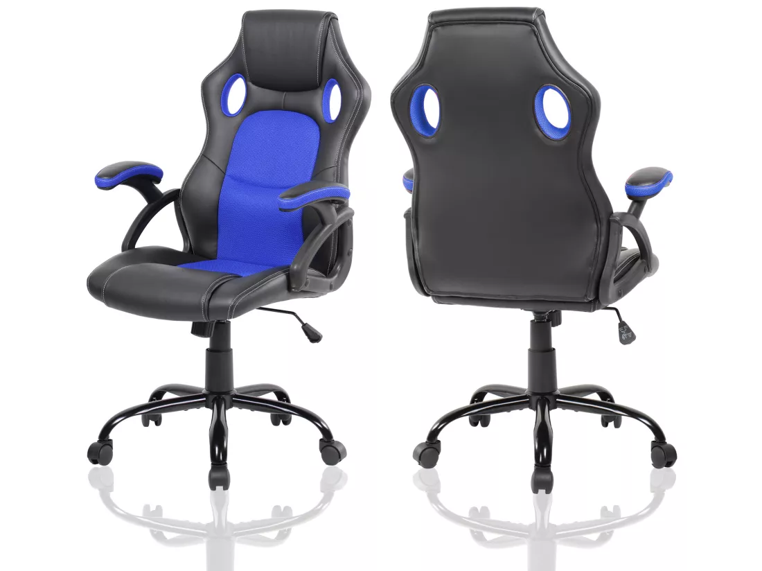 Fauteuil Gamer Siège Noir Bleu Nylon Simili-cuir 120x66x63