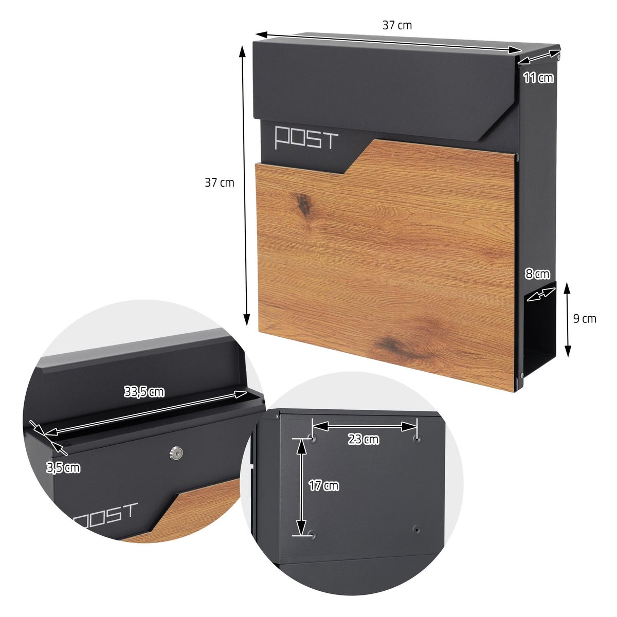 ML-Design Brievenbus, Antraciet Houtlook, Gepoedercoat RVS, 37x37cm, Brievenbus met Krantenvak, Afsluitbaar met 2 Sleutels, Design Wandbrievenbus met Krantenrol, Brievenbus voor Wandmontage