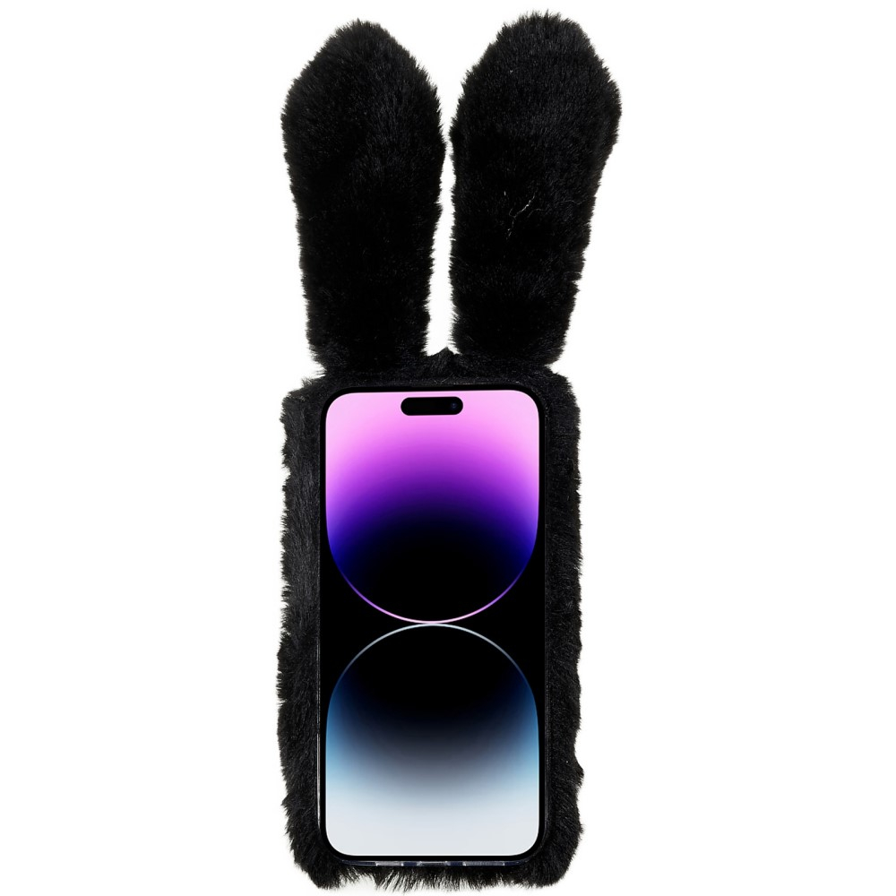 iPhone 14 Pro 3D Gummi Plüsch Case Hülle Bunny mit Flauschigen Hasenohren - Schwarz