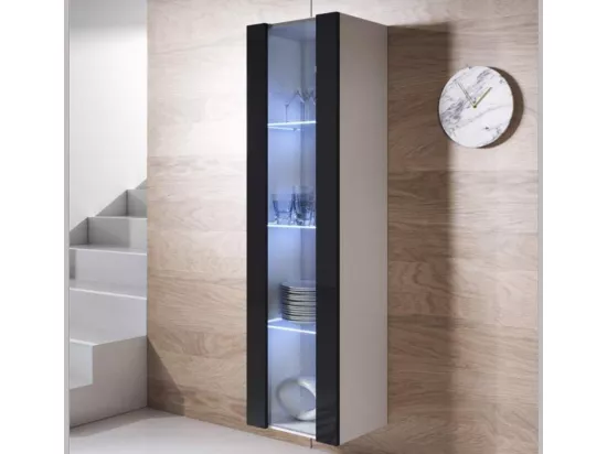 Vitrine pour Salon Salle à manger en Blanc et Noir avec LED 40x29x165cm Luke V5