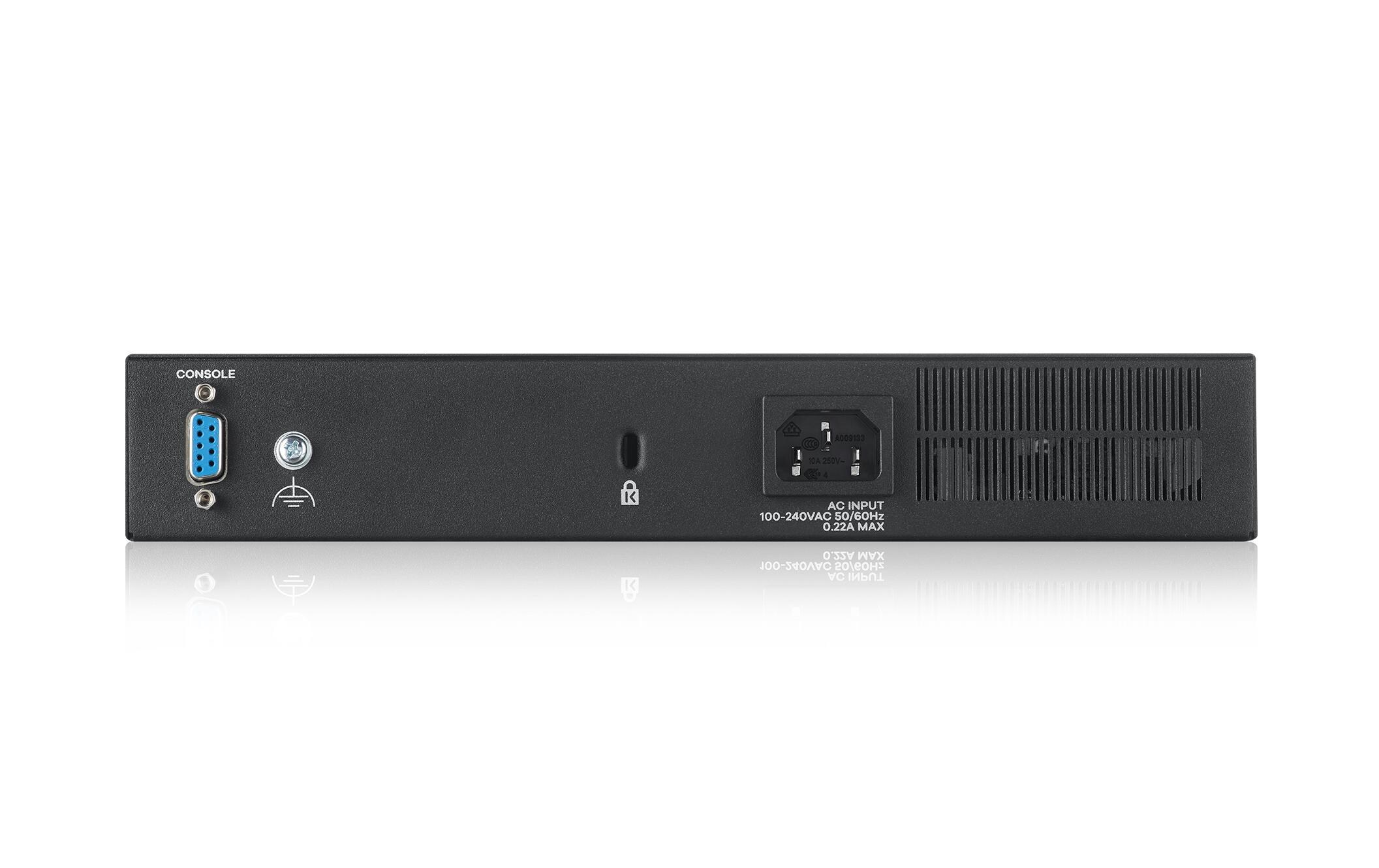 Switch GS2220-10 10 Port<br>8-Port-GbE-Switch, Layer 2 managed, 8x GbE RJ-45 Ports, 2x GbE Combo-Port, lüfterlos