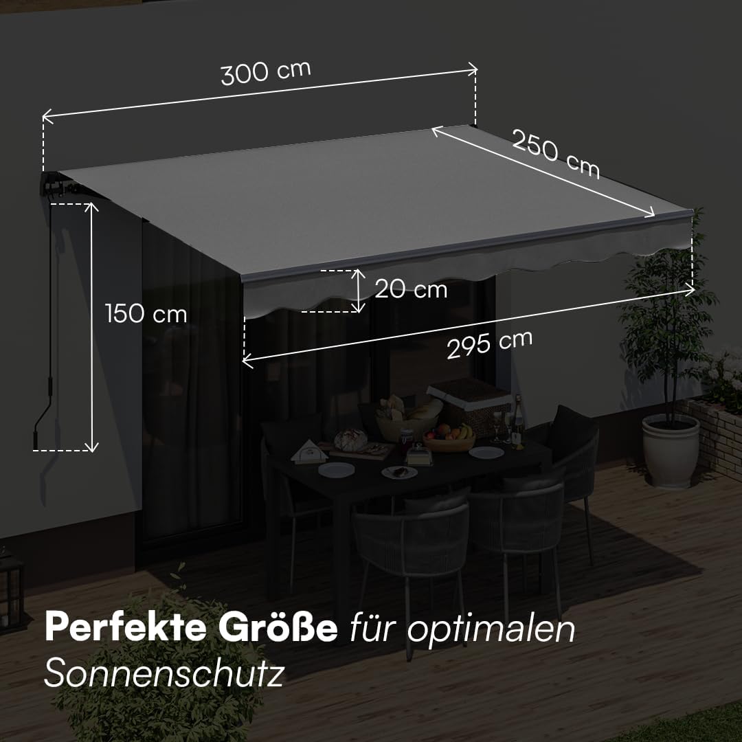 STEELSØN Kestria Markise für Balkon/Dachterrasse/Garten 300x250 cm – Gelenkarmmarkise blickdicht & wetterfest – Außenrollo mit Kurbel aus Kunststoffgewebe – Sonnenmarkise mit Wandhalterung Anthrazit