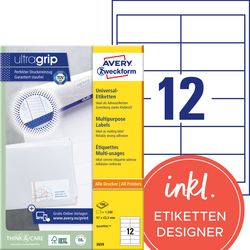 Avery Zweckform Etiketten, 3659, 97 x 42.3 mm, 100 Blatt