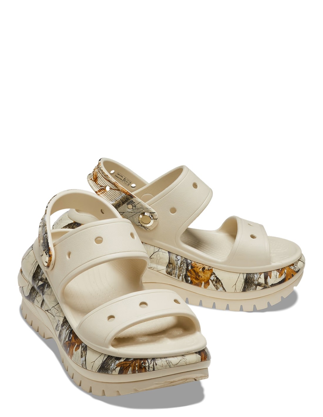 crocs sandales compensées femme classic mega crush realtree sandal beige imprimé nature