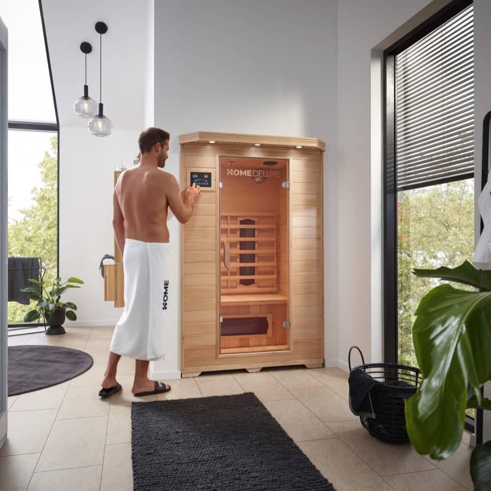 Home Deluxe – Infrarotkabine REDSUN M – 120 x 105 x 190 cm - für 2 Personen, 5 Keramikstrahler – Holz: Hemlocktanne I Infrarotsauna, Sauna, Wärmekabine, Infrarot