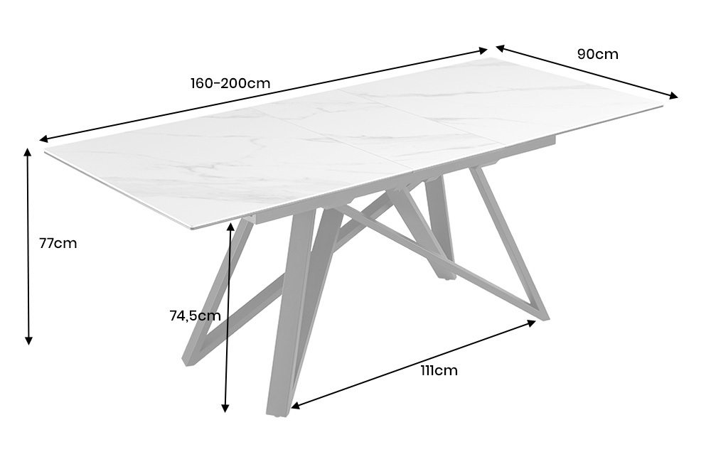 Ausziehbarer Esstisch ATLAS 160-200cm weiß Keramik schwarz Metall