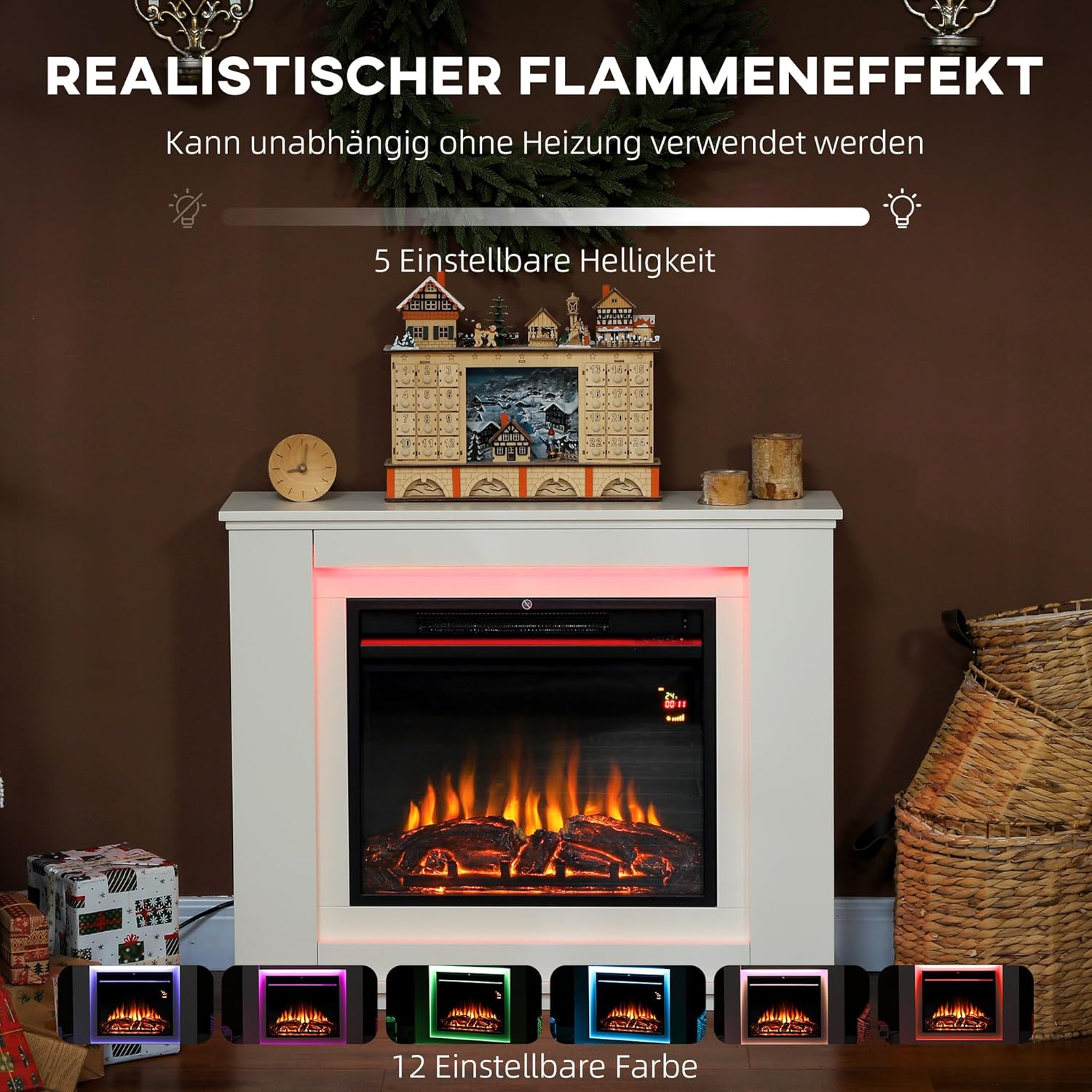 HOMCOM Elektrokamin mit Heizung, Elektrischer Kamin mit 12 Farbigen Flammeneffekten, 5 Helligkeitsstufen, 2000W Dekokamin mit 2 Leistungsstufen, Fernbedienung, Thermostat, Timer, Überhitzungsschutz