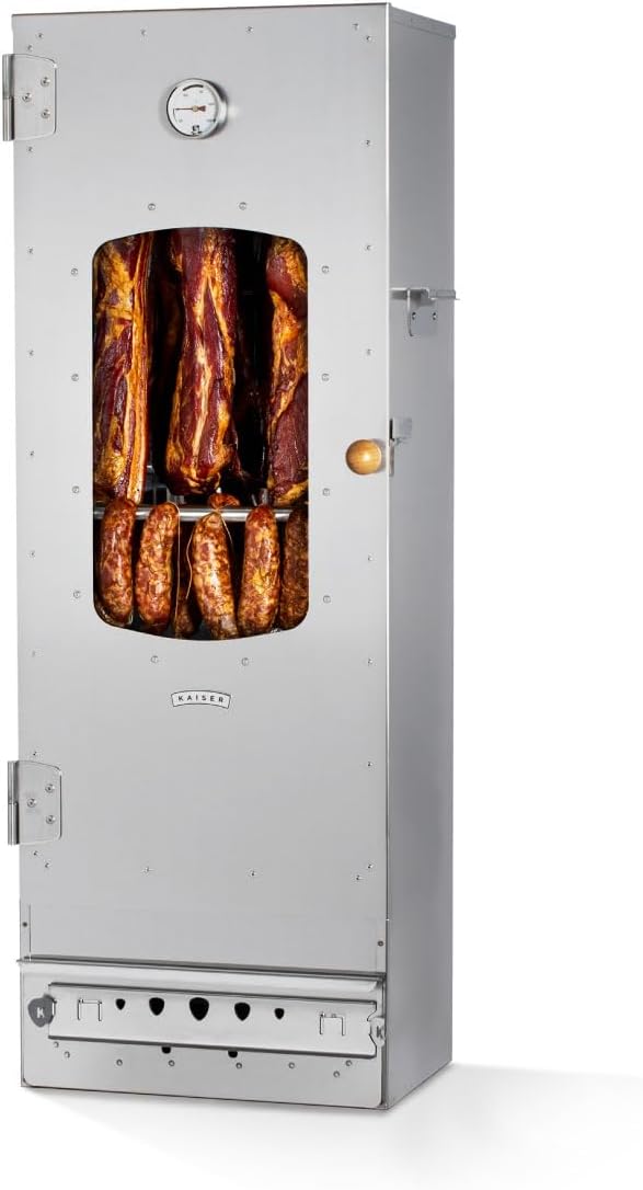 KAISER COMPANY '100' Hochwertiger Räucherofen/Räucherschrank aus Edelstahl - Holzbefeuerung I Tragbarer Smoker 110 cm I Perfekt zum Räuchern I Passen bis zu 15kg Fleisch I mit Zubehör I NICHTROSTEND