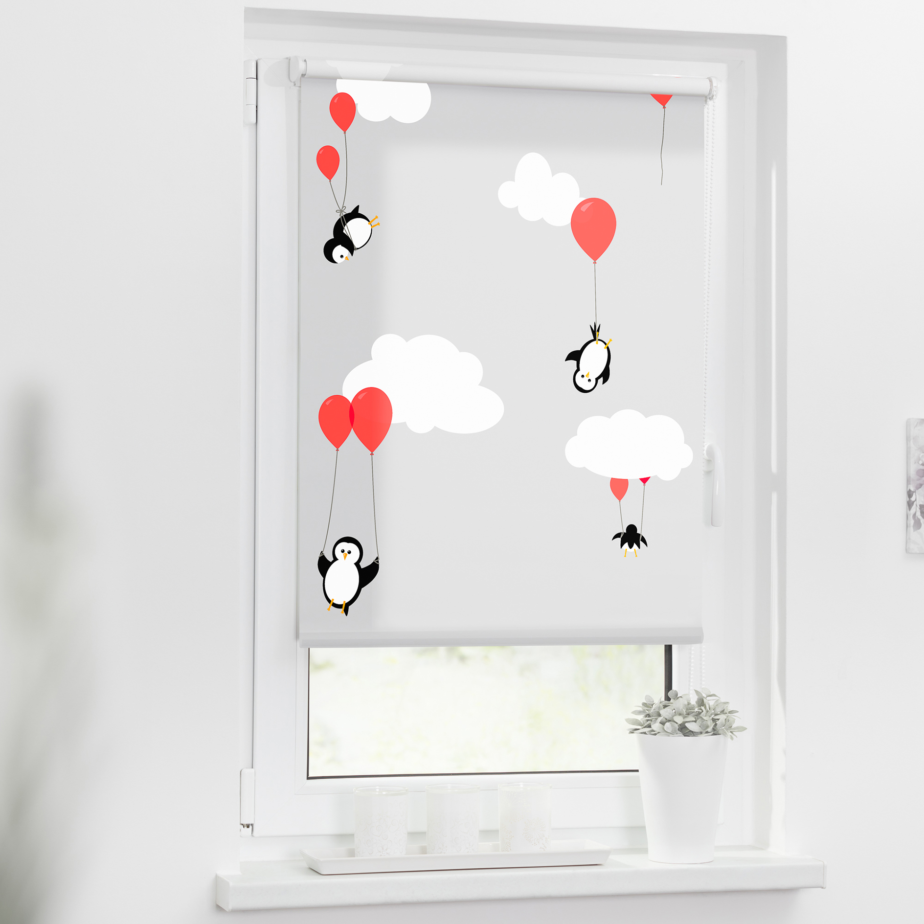 LICHTBLICK Klemmrollo PINGUINE - grau-rot - 45x150 cm