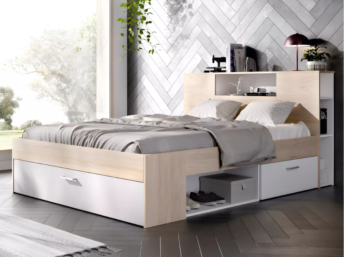 Lit avec tête de lit rangements et tiroirs - 160 x 200 cm - Coloris : Naturel et blanc + Sommier + Matelas - LEANDRE
