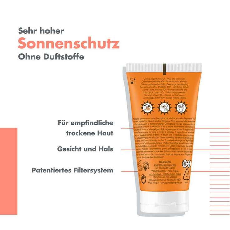 Avene Sonnencreme SPF 50 + ohne Duftstoffe, 50 ml