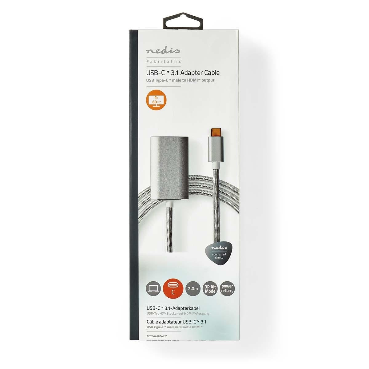 Nedis USB-C™ Adapter | USB 3.2 Gen 1 | USB-C™ Hann | HDMI™ Output | 4K@60Hz | Power delivery | 2.00 m | Rund | Gull belagt | Flettet / Nylon | Sølv | Deksel Vindusboks