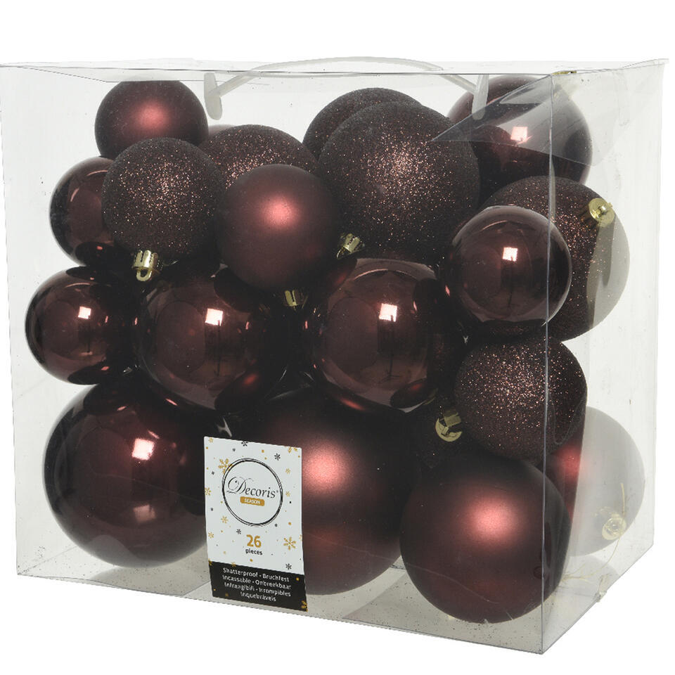 Decoris Kerstballen - 26x st - mahonie bruin - 6-8-10 cm