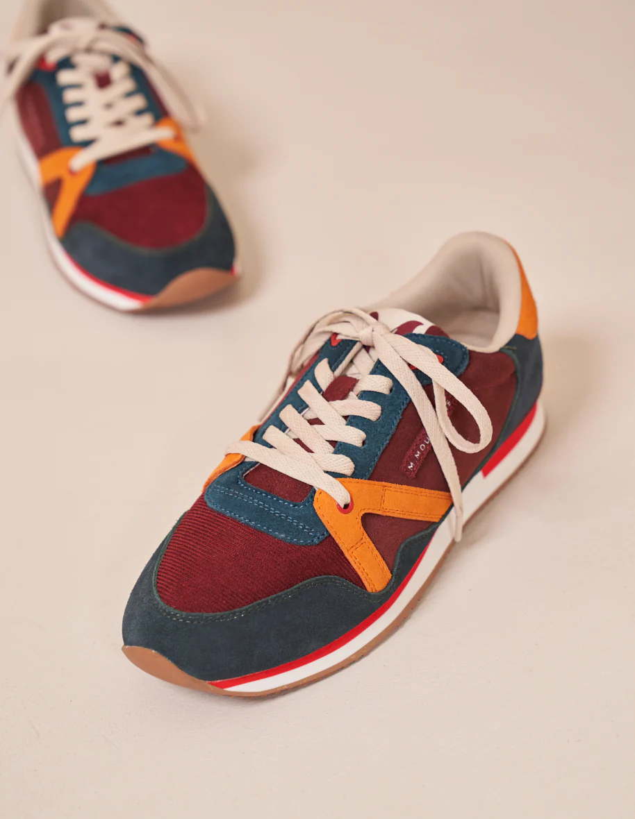 Baskets basses André - Suède vegan petrole bordeaux orange