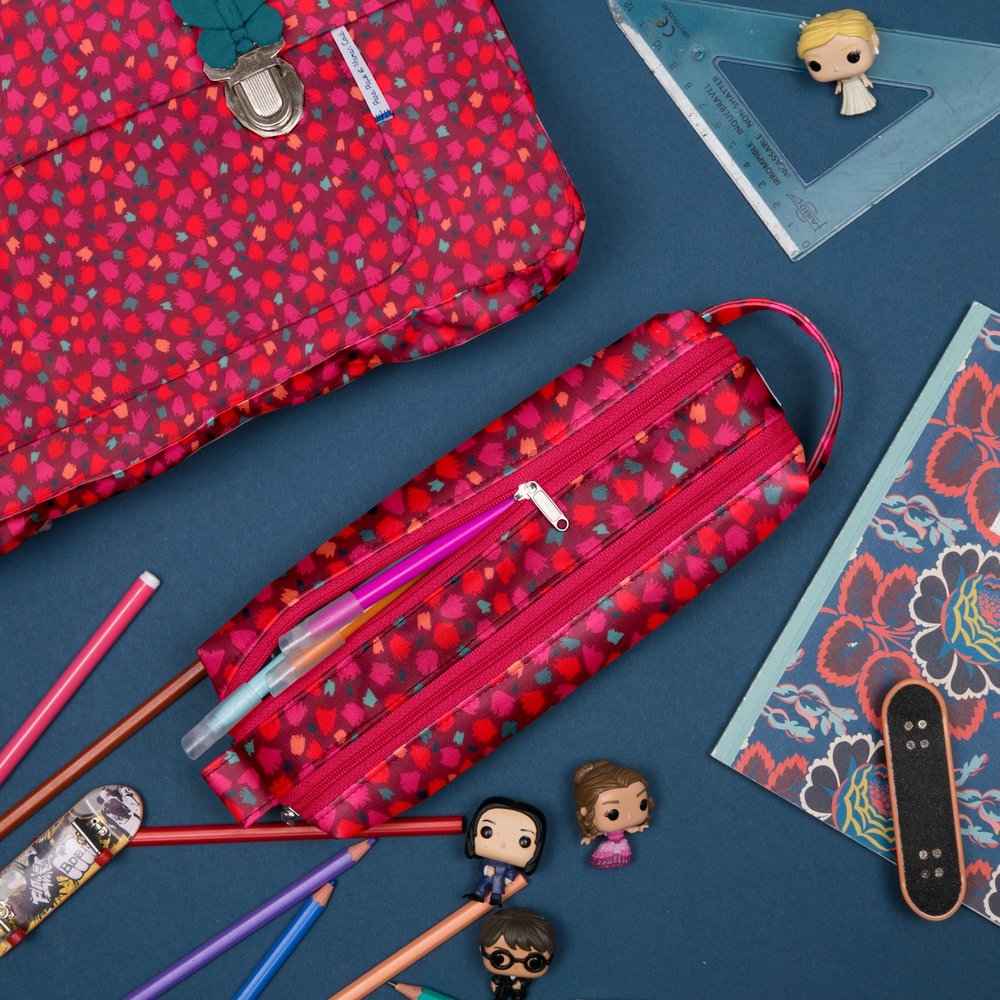 Trousse Double Compartiment Pompons Cerise