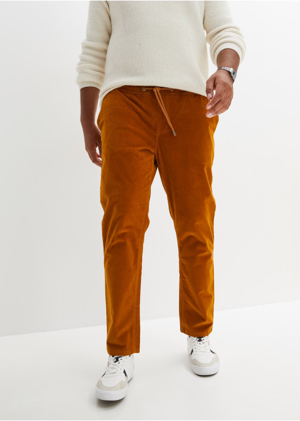 Pantalon taille extensible en velours côtelé légèrement raccourci Regular Fit, Straight