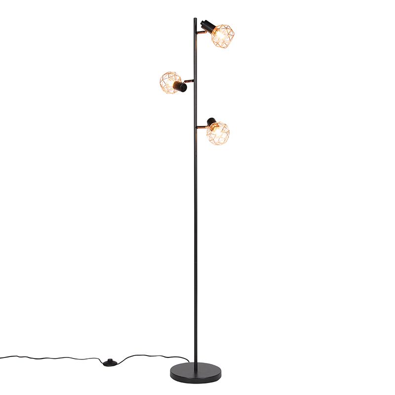 Vloerlamp zwart met koper 3-lichts - Mesh