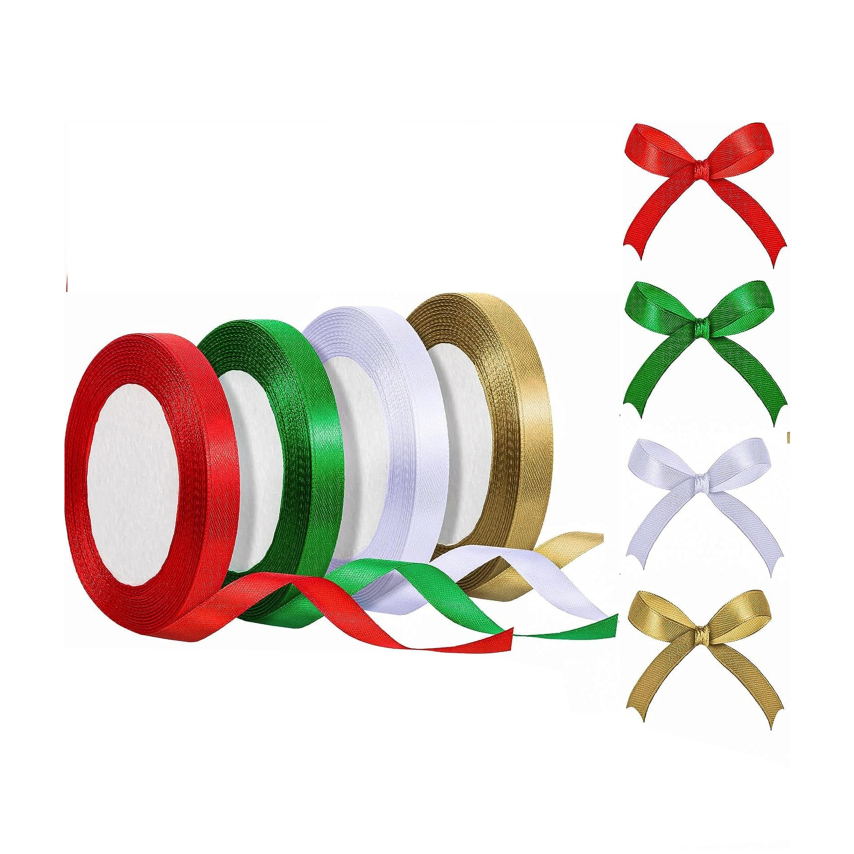 (4er Set) 1cmx22m Satin Geschenkband DIY Maschen Deko Band - Rot / Grün / Weiss / Gold