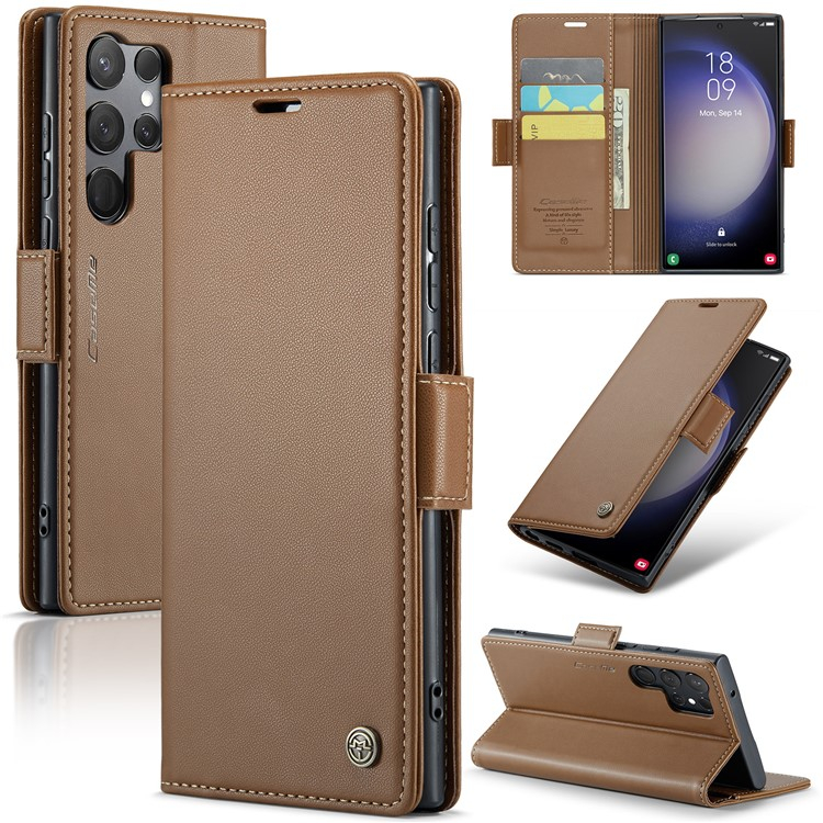 Samsung Galaxy S24 Ultra Leder Tasche Flip Wallet Etui mit Kartenfächern Litchi Look (RFID Schutz) - Braun