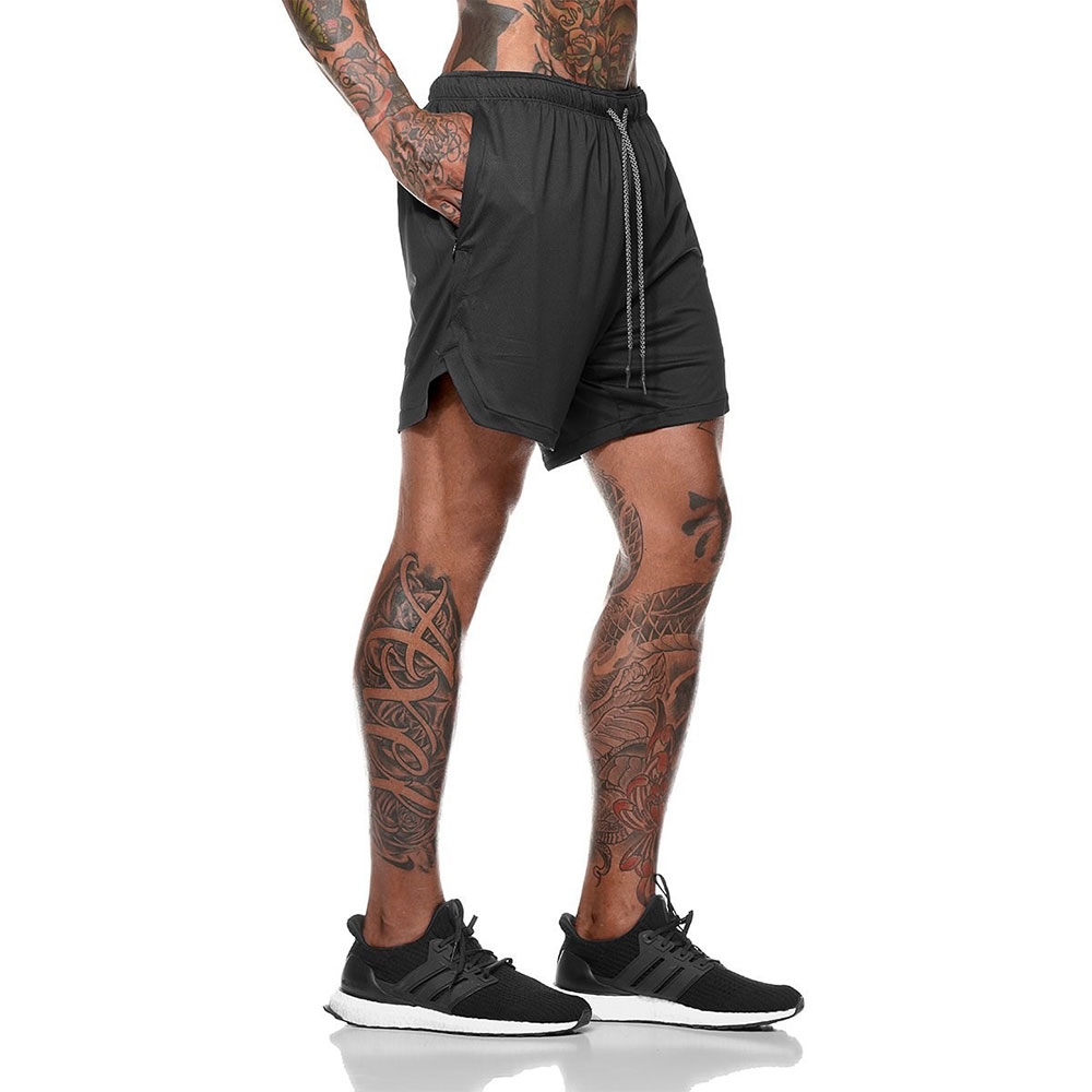 (Gr. XL) 2in1 Trainingsshorts Kurze Hose mit Versteckter Tasche - Schwarz