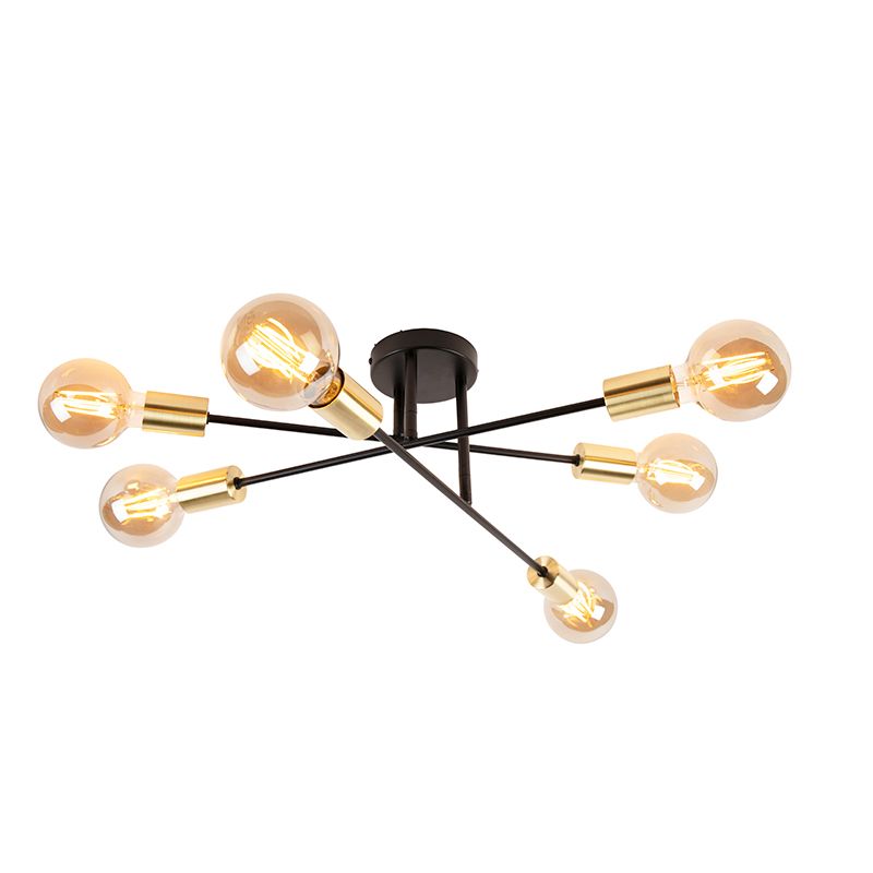 Industriële plafondlamp zwart met goud 6-lichts - Sydney