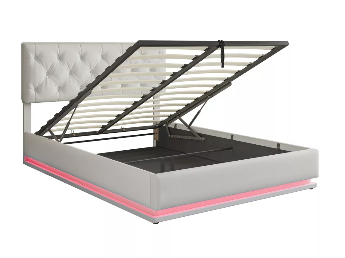 Lit 140x200cm - Espace de Rangement - Sommier à Lattes - Eéclairage LED et tête de lit relevable - Lin - Beige
