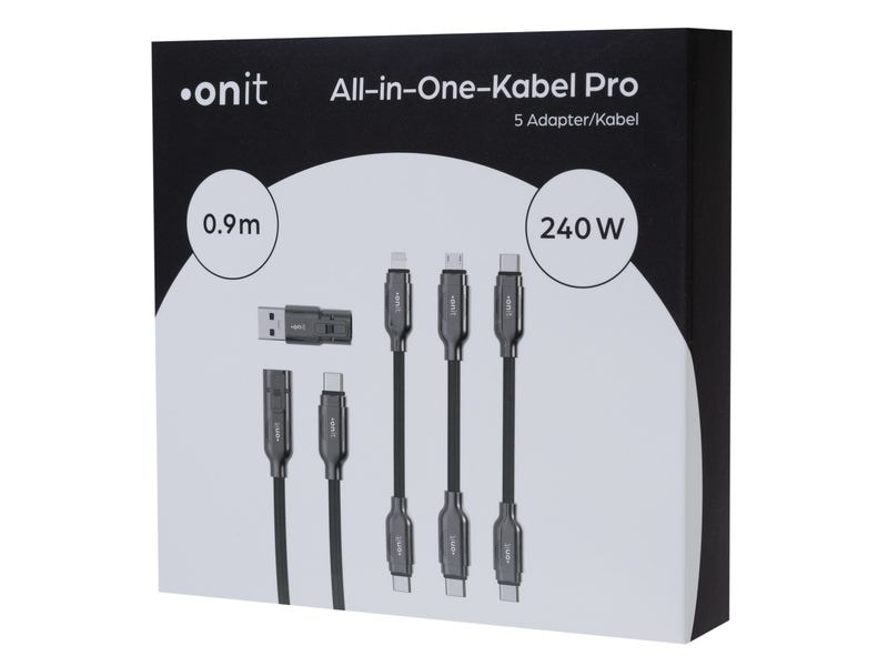 onit USB-Kabel All-in-One Pro 240 W, 0.9 m USB-Kabel mit Adaptern für alle Geräte und Anwendungen