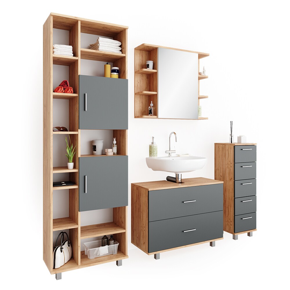VICCO Badmöbel Set ILIAS Eiche Anthrazit Spiegel Kommode Unterschrank Badschrank