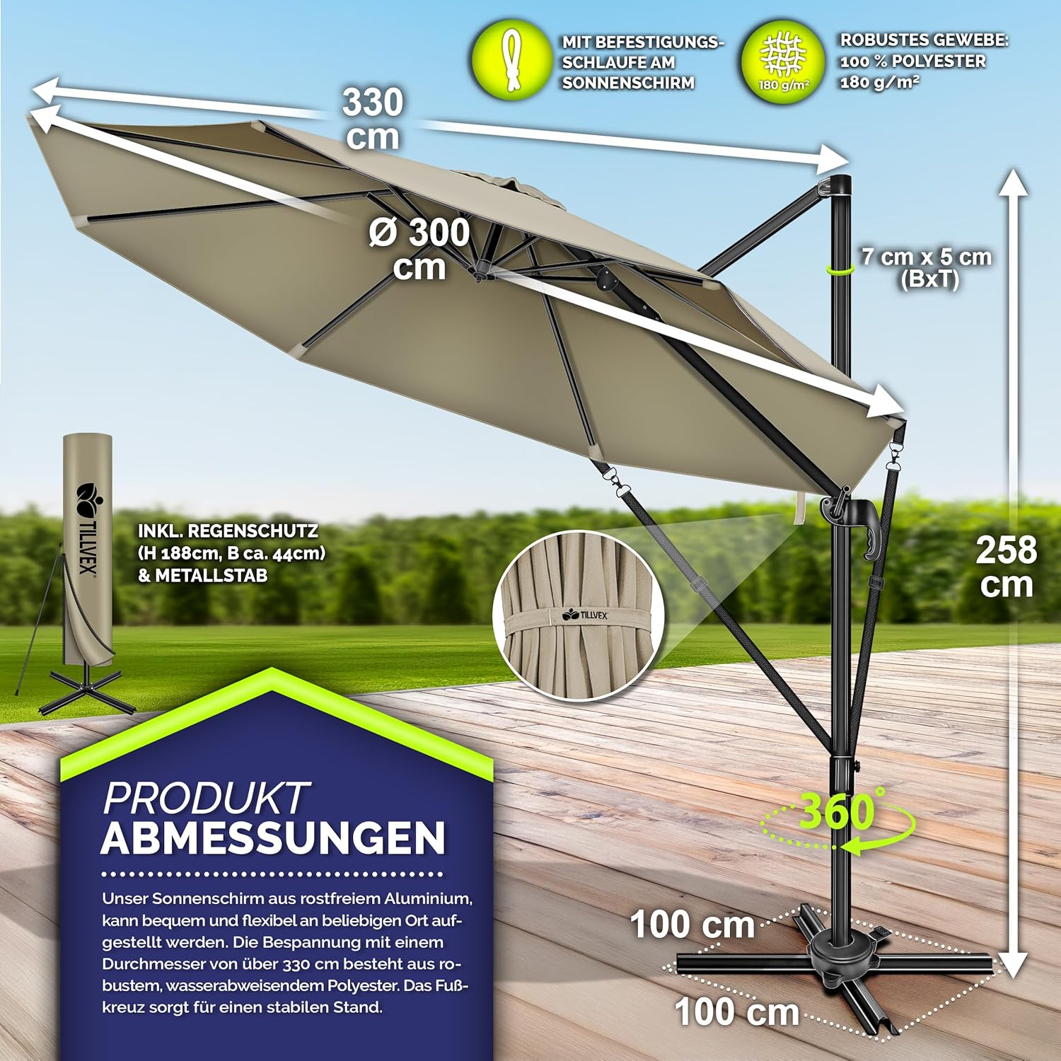 tillvex® Premium Alu Sonnenschirm 330 cm + Abdeckung & Windsicherung | Ampelschirm 6-Fach verstellbar mit Kurbel | Gartenschirm 360° Drehbar Neigbar Kippbar | UV50+ wasserdicht