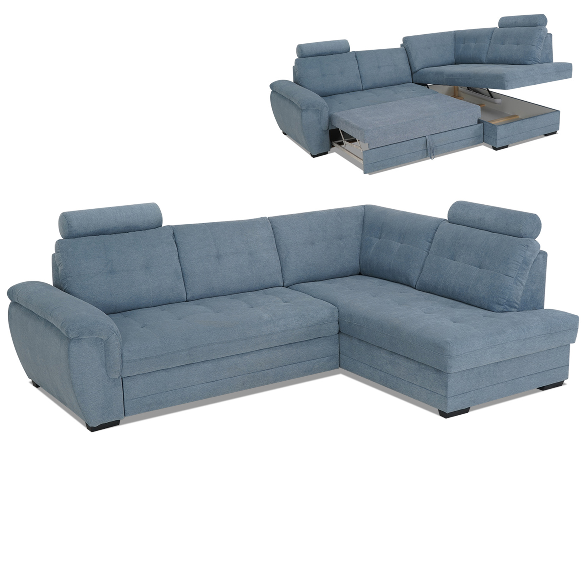 Ecksofa - blue - Velours - Liegefunktion - Staukasten rechts