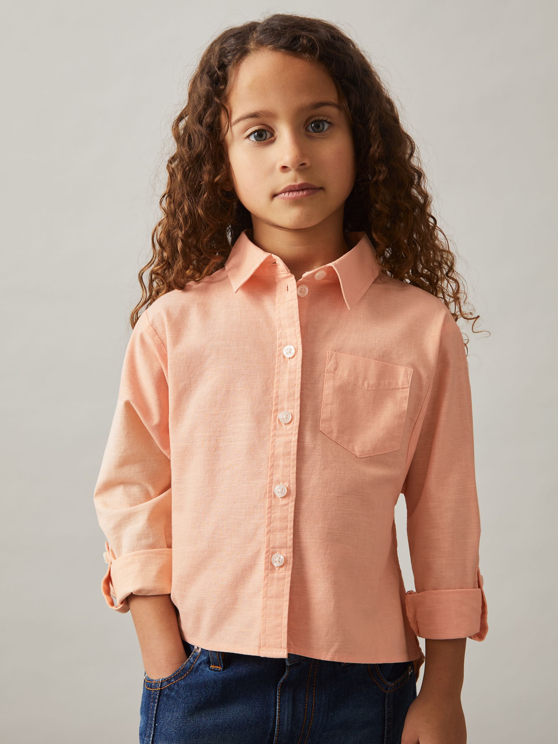 Peach - Reiss Leora Linen Roll-Cuff Shirt