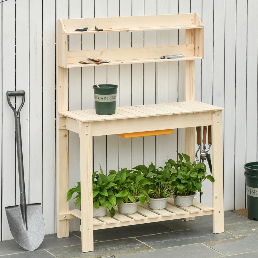 Outsunny Pflanztisch mit verstellbarer Arbeitsfläche natur