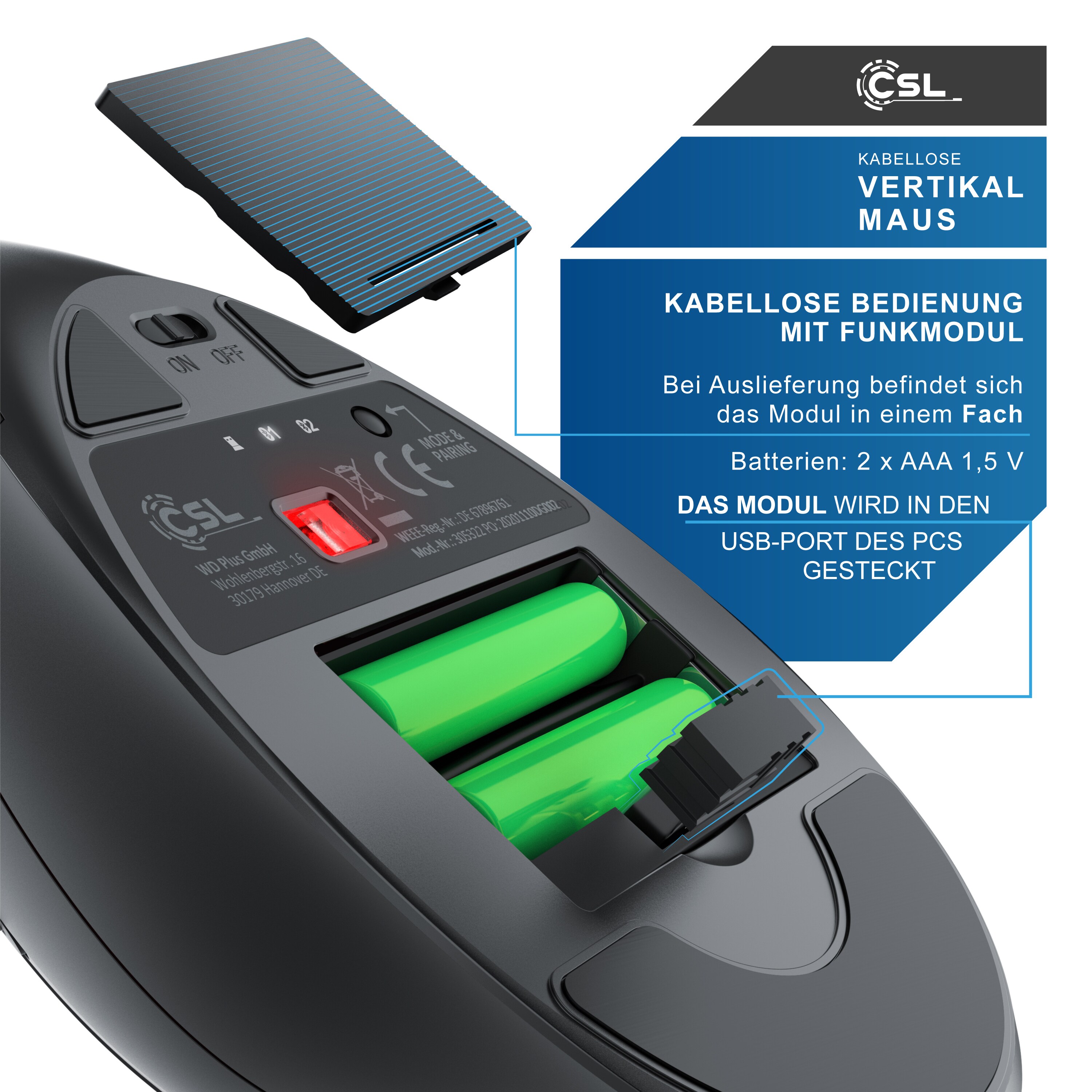 CSL ergonomische Maus, Funk, Vertikal, optisch, kabellos, 2,4Ghz & Bluetooth, Armschonend, 2400 dpi