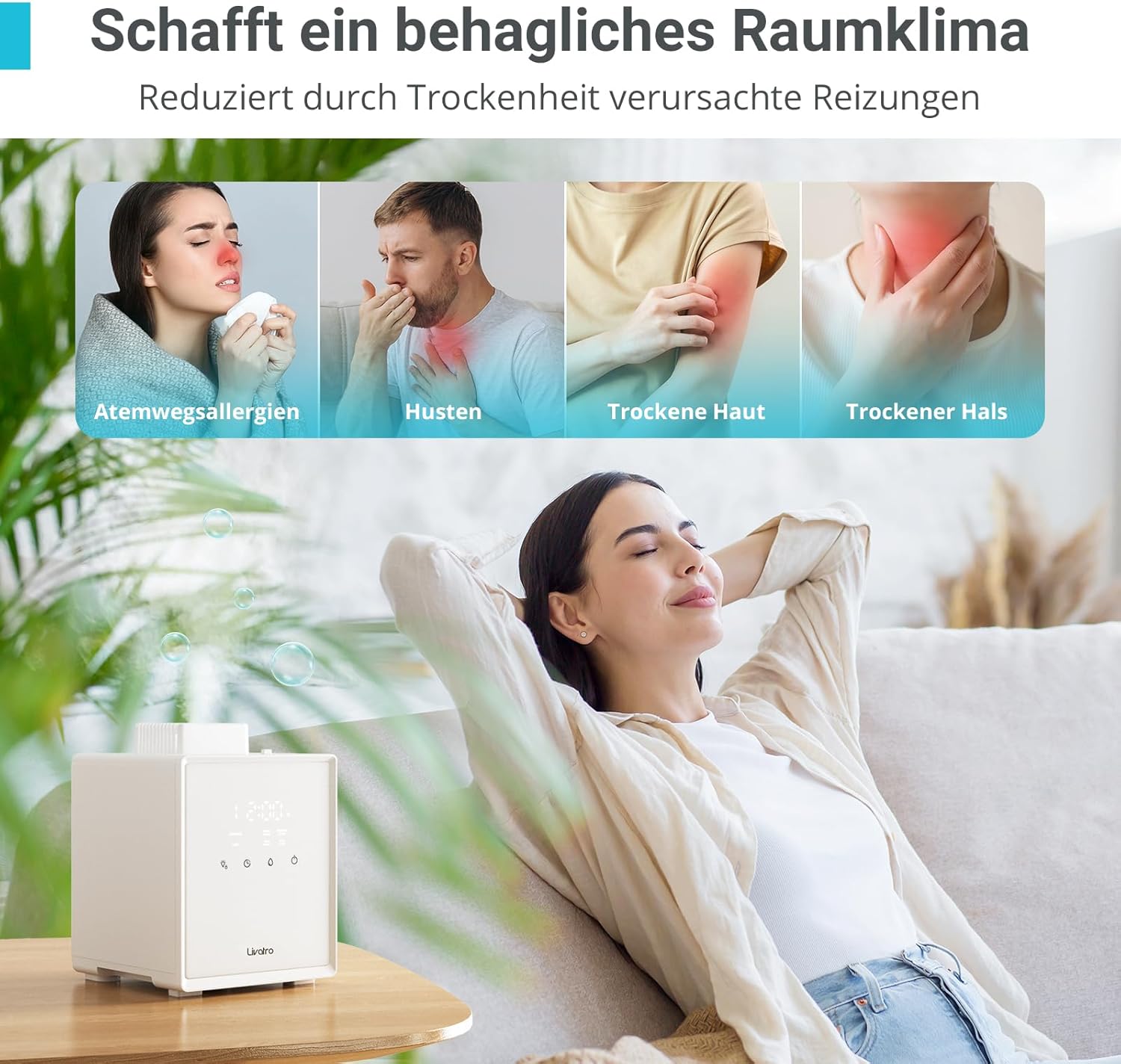 Luftbefeuchter Schlafzimmer Top-Fill, 3L Edelstahl Warmnebel Luftbefeuchter, Reduziert 99,97% der Bakterien, Für Schlafzimmer und Wohnzimmer, Spülmaschinenfest Humidifier,mit Schlafmodus