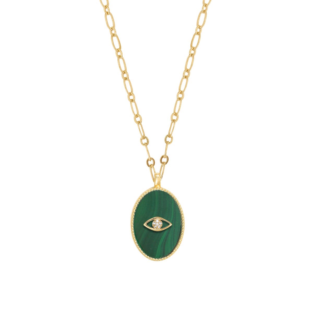 Collier malachite et oeil zircons doré à l'or fin 24k SALOMÉ
